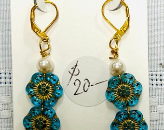 Large Blue Glass Flower Earrings with Glass Pearls