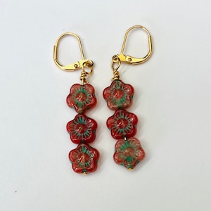 Red And Green Czech Glass Dangle Earrings