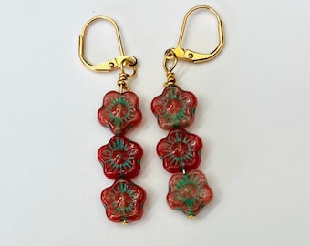 Red And Green Czech Glass Dangle Earrings