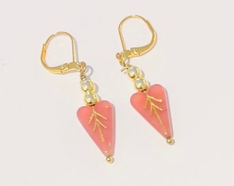 Red Czech Heart Earrings with Gold Plated Beads