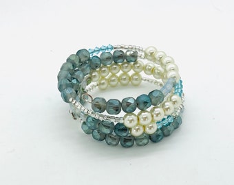 Smoky Blue, Baby Blue and Silver with Glass Pearls.  Memory Wire Bracelet, 2.5 wraps