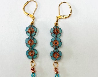 Blue and Gold Czech Flower Earrings Embossed with Copper with a Blue and Copper Dangle