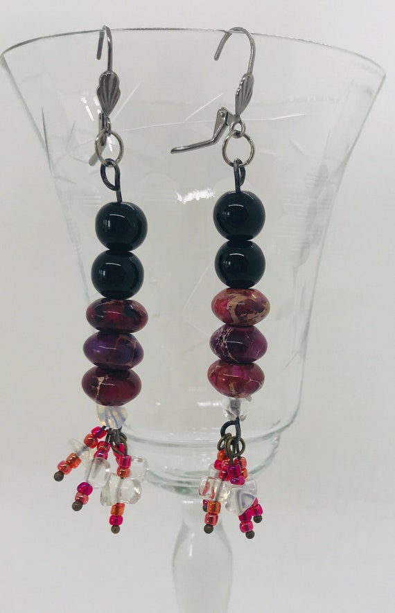 Black, Pink and Purple Glass and Jasper Earrings - Etsy