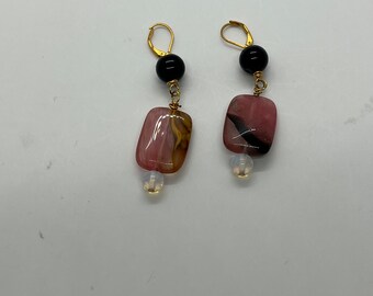 Pink, & Rust Agates with Onyx, Dangle Earrings