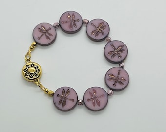 Pink Bracelet, Czech Coin Beads with Dragonflies