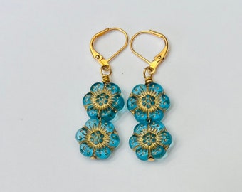 Large Blue Flower Earrings, Czech Glass
