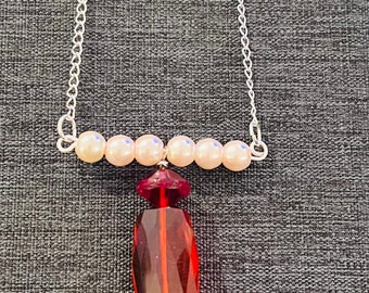 Pearl Bar Necklace with Red Czech Crystal Focal