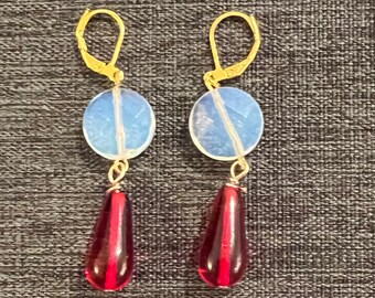 Opalite  & Red Teardrop Earrings