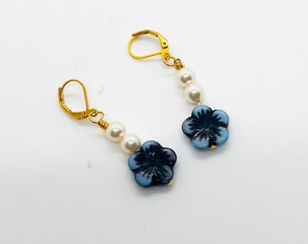 Blue and Black Czech flowers with Glass Pearl Earrings