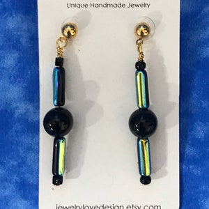 Onyx & Czech Iridescent Blue Green Tube Beads, Stud Earrings