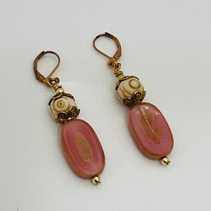 Pink Czech Oval Vintage Glass and Hand Carved Bone Earrings with Gold Bead Caps