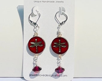 Red Czech Coin, Red Crystal and Sterling Silver Lever Backs