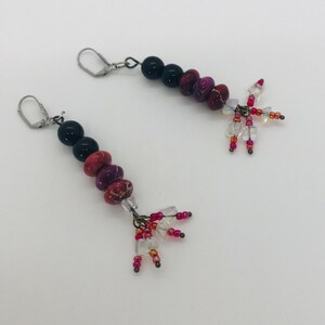 Black, Pink and Purple glass and Jasper Earrings