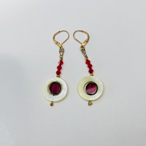Mother of Pearl circles with Red Czech crystal, dangle earrings