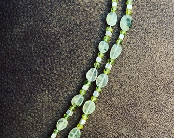 Gorgeous Lime Green Bracelet w 2 strands of Natural Prehnite,  Natural Peridot with Cubed Silver Beads & a Silver plated Slide Clasp