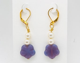 Lavender Czech Glass Flowers, with glass Pearl drop Earrings