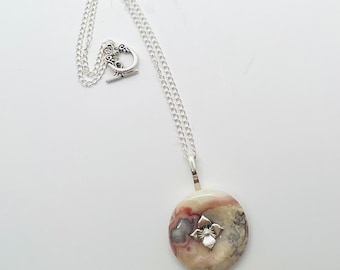 Crazy Lace Jasper Donut, Sterling Silver Flower Bale, Silver Chain