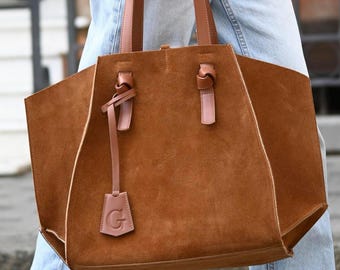 Suede Work Tote Bag, Warm Tan Laptop Purse, Structured Shoulder Bag for Women