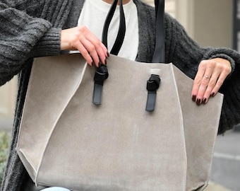Neutral Beige Suede Tote - Large Work Laptop Tote for Women, Structured Everyday Shoulder Bag, Travel Office Purse