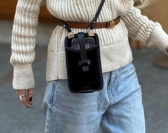 Black Suede Leather Phone Pouch: Crossbody Purse with Card Slot