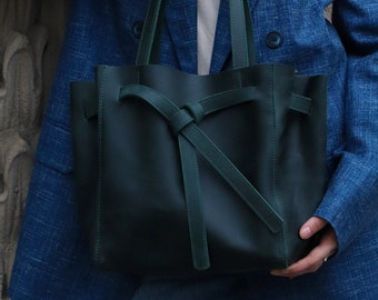 Leather tote bag, Tote leather bag, Mini tote bag, Leather mini handbag, Leather shoulder bag, Work bags for women, Green small purse