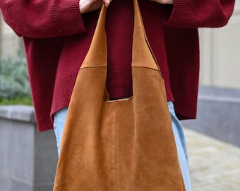 Warm Tan Suede Hobo - Large Soft Slouchy Shoulder Tote, Minimalist Everyday Bag