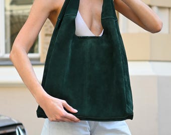 Midnight Green Suede Hobo Tote - Large Slouchy Shoulder Bag for Everyday Use