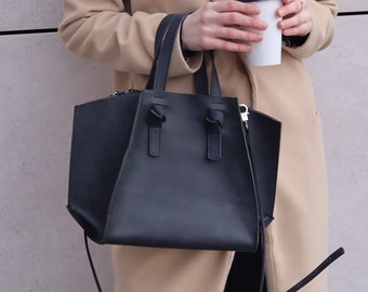 Matte Black Medium Leather Work Purse, Tablet Shoulder Bag with Custom Pockets or Crossbody Strap