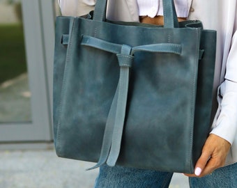 Leather tote bag, custom tote bags, tote bags for women, work bags for women, large leather tote bag,large leather tote, light blue tote bag