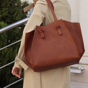 Large Leather Tote Bag: Cognac Distressed Calf, Personalized Option