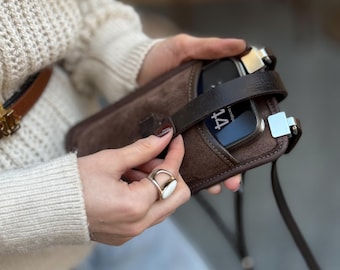 Suede Leather Phone Purse with Crossbody Strap & Zipper Pocket