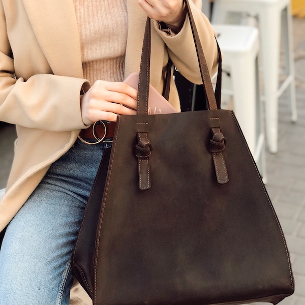 Large Brown Leather Tote Bag: Custom Distressed Pull Up Leather Handbag
