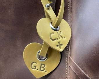 Set of 2 Personalized Leather Heart Bag Charms: Handbag or Backpack Charm