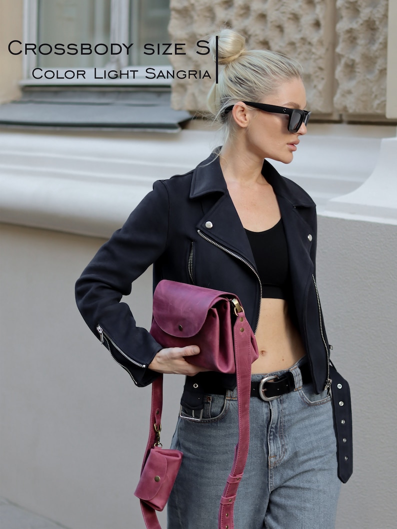 Leather crossbody bag with crossbody strap and Clip On Wallet or not, Women leather shoulder bags, Everyday purple crossbody leather bag image 3