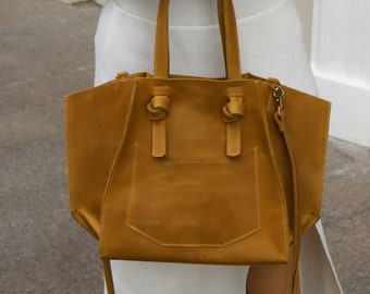 Matte Mustard Yellow Medium Leather Work Purse, Tablet Shoulder Bag with Custom Pockets or Crossbody Strap