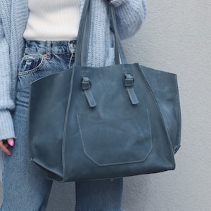 Large Light Blue Leather Tote Bag: Distressed Pull Up Calfskin