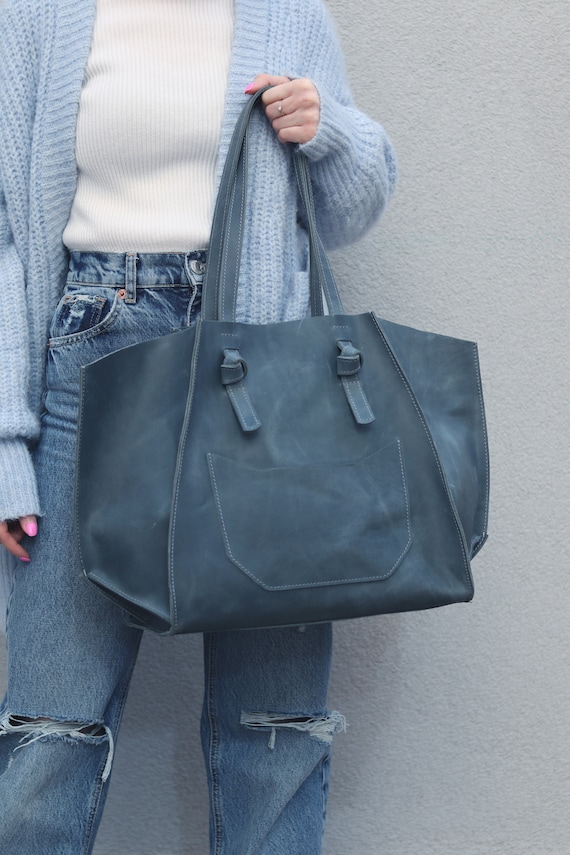 Large Light Blue Leather Tote Bag: Distressed Pull up
