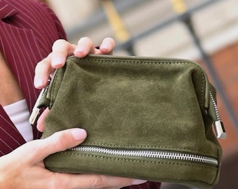 Foresta Suede Makeup Bag, Green Cosmetic Bag, Leather Toiletry Bag, Travel Organizer