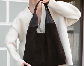 Mahogany Mix Suede Hobo Bag - Chocolate Brown Slouchy Tote Bag, Large Soft Shoulder Bag