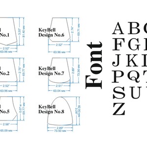 May include: Diagram showing eight different keybell designs with measurements in inches and millimeters. The diagram also includes the alphabet in a sans-serif font.