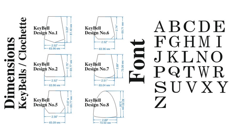 May include: Diagram showing eight different keybell designs with measurements in inches and millimeters. The diagram also includes the alphabet in a sans-serif font.