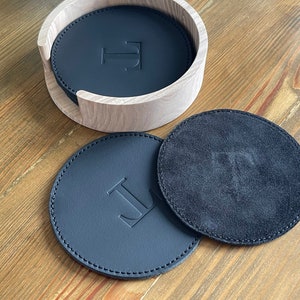 Leather Drink Coasters Set of 4 or 6, Customized round Drink Coasters, Coasters gift for Boss, Co-Workers, Family, Newly Weds or Husband.