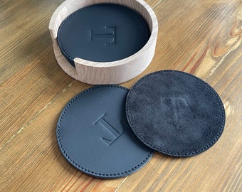 Leather Drink Coasters Set of 4 or 6, Customized round Drink Coasters, Coasters gift for Boss, Co-Workers, Family, Newly Weds or Husband.