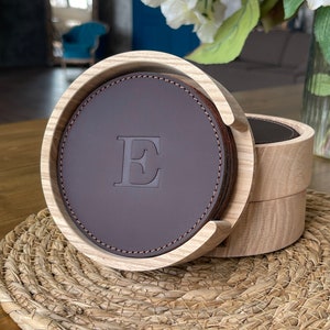 Leather Coaster Set with Optional Wood Holder: Personalized Office Gift