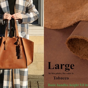 Extra Large tote bag, Woman shoulder bag, Tote leather bag, Leather tote bag, Work bags for women with leather tassel, Tobacco leather tote Matte Tobacco