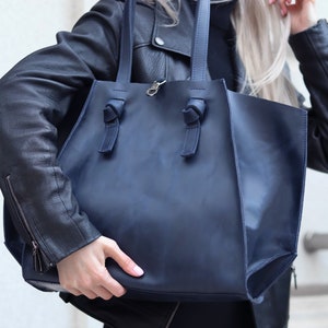 Leather tote bag, custom tote bags, women laptop bag, designer tote bags, handbags for women, leather tote purse, navy tote bag, tote bag image 1
