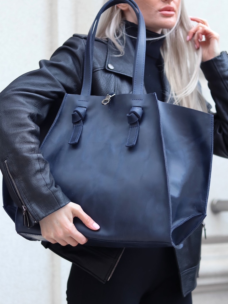 Leather tote bag, custom tote bags, women laptop bag, designer tote bags, handbags for women, leather tote purse, navy tote bag, tote bag image 1