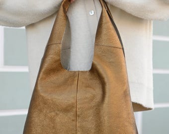 Bronze Pebbled Leather Hobo Bag - Large Slouchy Tote Bag, Soft Everyday Shoulder Tote