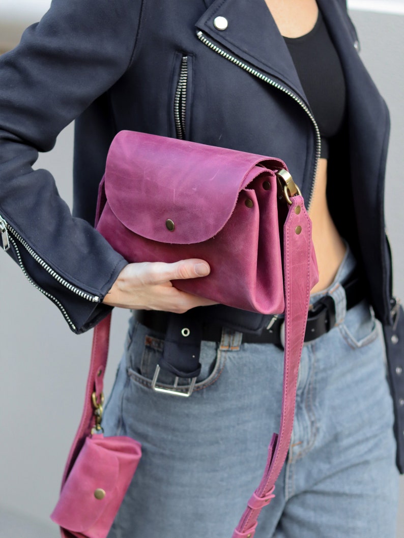 Leather crossbody bag with crossbody strap and Clip On Wallet or not, Women leather shoulder bags, Everyday purple crossbody leather bag Matte_Light sangria