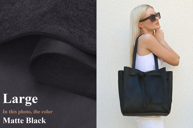 May include: Large black leather tote bag with a bow detail. In this photo, the color is Matte Black.